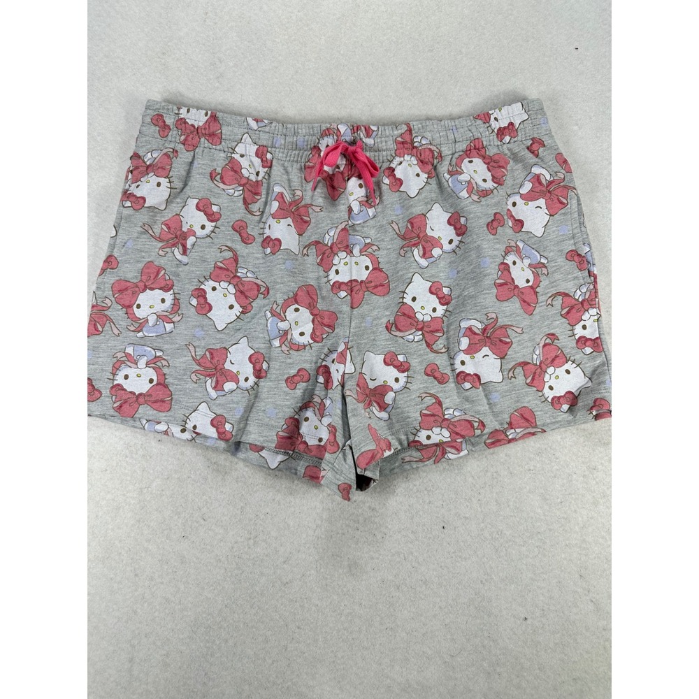 Hello Kitty Sanrio Pajama Shorts Womens XL Gray Pink Bow Print Sleepwear Hybrid